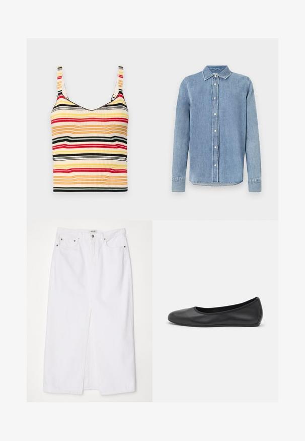 Top corto a righe con spalline larghe in giallo, rosso, nero e crema. Texture a coste e scollatura arrotondata.; Camicia di jeans blu chiaro con colletto, chiusura frontale a bottoni, maniche lunghe e dettagli cuciti sui polsini e l'orlo. Tessuto testurizzato.; Gonna di jeans bianca con spacco anteriore, design a cinque tasche, chiusura con bottone metallico e zip, e dettagli di orlo cuciti.; Pantofole da balletto nere in pelle con punta arrotondata, texture liscia, dettagli di cucitura minimi e design con suola flessibile.