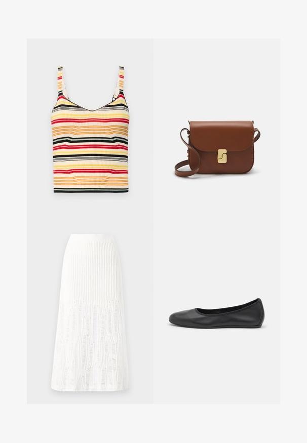 Striped cropped tank top with wide shoulder straps in yellow, red, black, and cream. Ribbed texture and a rounded neckline.; Knit white midi skirt featuring a textured pattern with vertical lines and cut-out details near the hem. Elastic waistband. Soft material.; Black leather ballet flat with a rounded toe, smooth texture, minimal stitching detail, and a flexible sole design.; Brown leather handbag with a flap closure, gold-tone hardware, a shoulder strap, and a smooth texture. Compact rectangular shape.