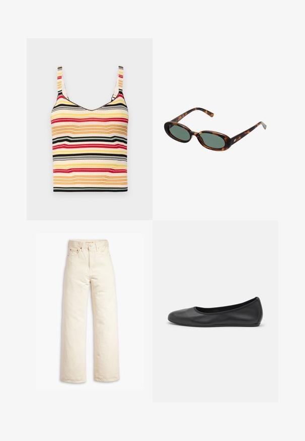Gestreifter, verkürzter Tank-Top mit breiten Trägern in Gelb, Rot, Schwarz und Creme. Gerippte Textur und runder Ausschnitt.; Beige weite Jeans aus Baumwoll-Denim. Merkmale umfassen eine hohe Taille, Knopfverschluss und Fünf-Taschen-Design. Glatte, langlebige Textur.; Schwarze Leder-Ballettschuhe mit abgerundeter Spitze, glatter Textur, minimalen Nähdetails und einem flexiblen Sohlen-Design.; Schildpatt-Sonnenbrille mit ovalen Rahmen und grünen Gläsern. Verfügt über dünne Bügel mit einem metallischen Akzent in der Nähe der Scharniere.; Schwarze Handtasche aus strukturiertem Leder mit runder Form. Verfügt über einen dünnen Schulterriemen und dekorative geprägte Muster.