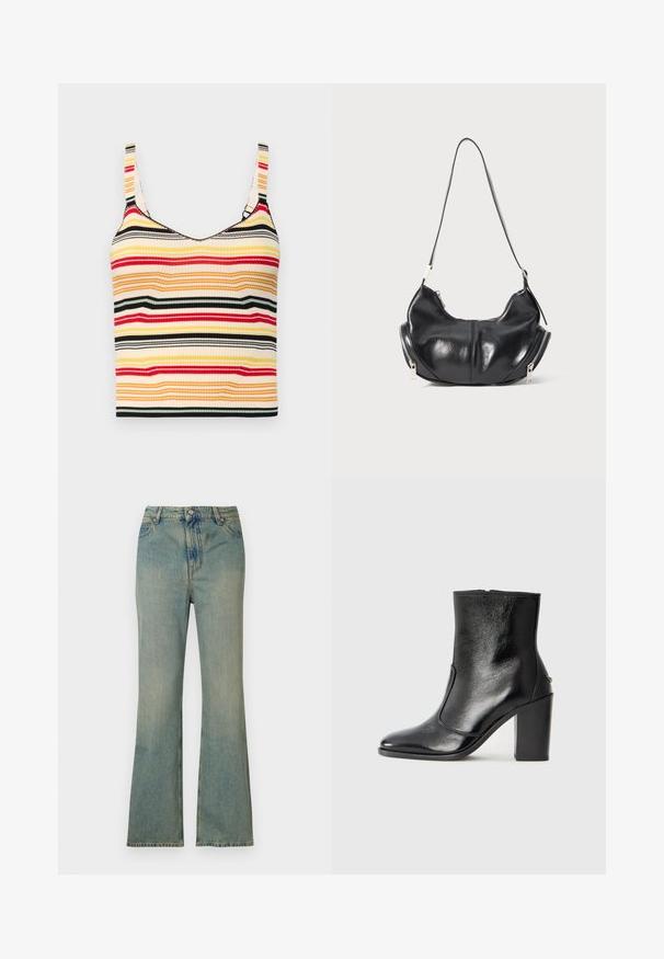 Gestreepte cropped tanktop met brede schouderbanden in geel, rood, zwart en crème. Ribbeltextuur en een ronde halslijn.; Lichtblauwe spijkerflared jeans met een hoge taille, vijf zakken en een rits. Schoon, vervaagd uiterlijk met subtiele stikdetails.; Zwarte leren enkelboot met een gladde textuur, spitse neus en een gedurfde hoge hak. Beschikt over een zijopening en een minimalistisch ontwerp.; Zwarte leren schoudertas in de vorm van een halve maan met zilveren ritsen aan beide kanten en een enkele strap.