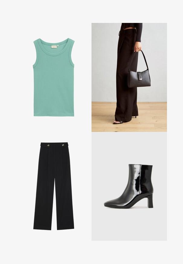 Vaaleansininen hihaton toppi, joka on valmistettu ribdatuista puuvillasta. Topissa on pyöreä kaula-aukko ja se on koristelematon.; Mustat leveälahkeiset housut, joissa on korkea vyötärö, napit vyötärönauhassa ja etupuolella laskokset.; Musta patenttilakattu nilkkuri, jossa on terävä kärki ja keskipitkä lohkarekorko. Silkkinen pinta ja minimalistinen muotoilu.; Musta käsilaukku, jossa on rakenteellinen muoto, sileä pinta ja metallinen solki. Yhdistetty leveisiin mustiin housuihin ja avonaiheisiin sandaaleihin puulattialla.