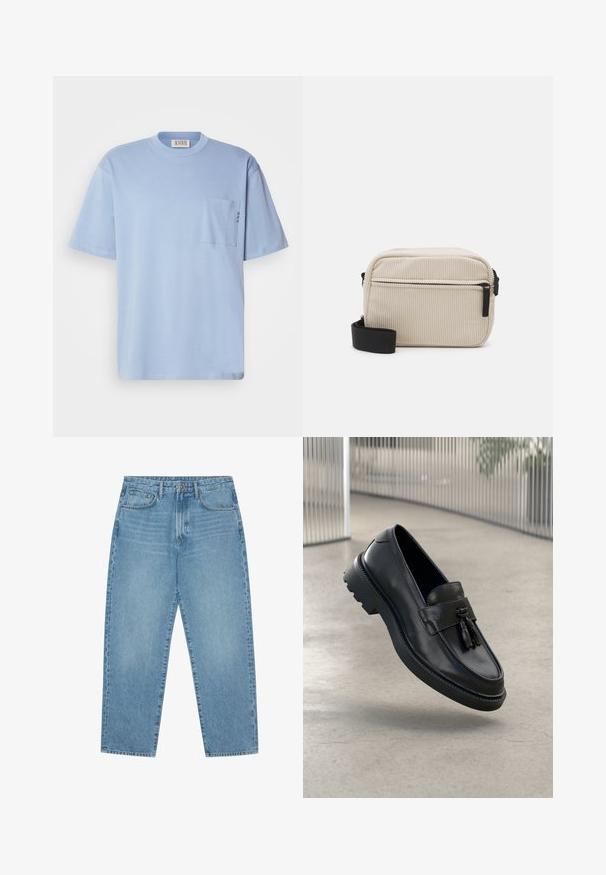 Svetlo modra majica iz bombaža. Ima kroj s krožnim ovratnikom, kratke rokave in žep na prsih z dekorativnim šivom. Gladka tekstura.; Svetlo modre kavbojke iz jeansa z ravnim krojem nogavic, obliko s petimi žepi in rahlo zbledelo teksturo. Imajo zapenjanje na gumb in zadrgo.; Črni usnjeni mokasini z gladkim zaključkom, dekorativnimi cofki, debelim gumijastim podplatom in všitimi poudarki. Lahka in elegantna zasnova.; Kremno obarvana kordna torbica za čez ramo z črnim zadrgo, snemljivim trakom in strukturiranim vzorcem. Ima en glavni predel in sprednji žep.; Srebrn ton uho, ki vključuje dva para obročastih uhani in šest parov uhanskih kamenčkov v različnih oblikah in teksturah, vključno s črnimi poudarki.