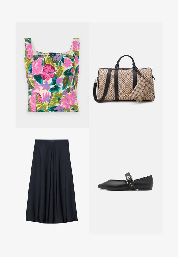 Blomstrete crop topp i flerfarget stoff med rosa, lilla og grønne mønstre. Rett utringing og brede skulderstropper.; Sort, knelangs skjørt laget av lett stoff med en flytende design. Har en jevn tekstur og subtile folder for ekstra detalj.; Svart lær flat sko med spiss tå, sidestrap med sølvfarget spenne, og lav hæl. Jevn tekstur og minimalistisk design.; Duffelbag med et beige mønster på utsiden, svarte lærstropper, gullfargede detaljer, og en liten matchende lomme vedheng. Strukturelt design.; Gullfarget rektangulær klokke med hvit urskive, sølvfargede timeindikatorer og et slitesterkt metallarmbånd. Vanntett funksjon inkludert.