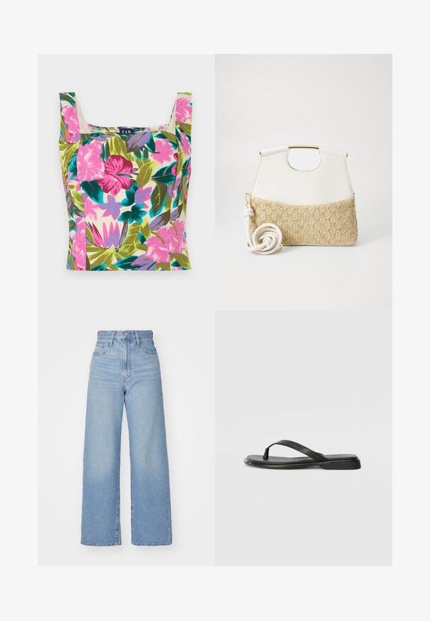 Ziedu īsais topiņš daudzkrāsainā audumā ar rozā, purpura un zaļiem rakstiem. Kvadrātveida kakla izgriezums un plata plecu josta.; Gaiši zili augstās jostas vidukļa platās bikses ar priekšējo pogu un rāvējslēdzēju, priekšējām un aizmugurējām kabatām uz baltā fona.; Melni flip-flopi, kas izgatavoti no gludas ādas, ar plānu siksniņu dizainu un plakanu zoli ar minimālu profilu. Nav ievērojamu rakstu vai akcentu.; Balta ādas rokassoma ar strukturētu krēmkrāsas austu audumu apakšā. Iekļauj zeltaini rokturi un saritinātu baltu siksnu daudzveidībai.