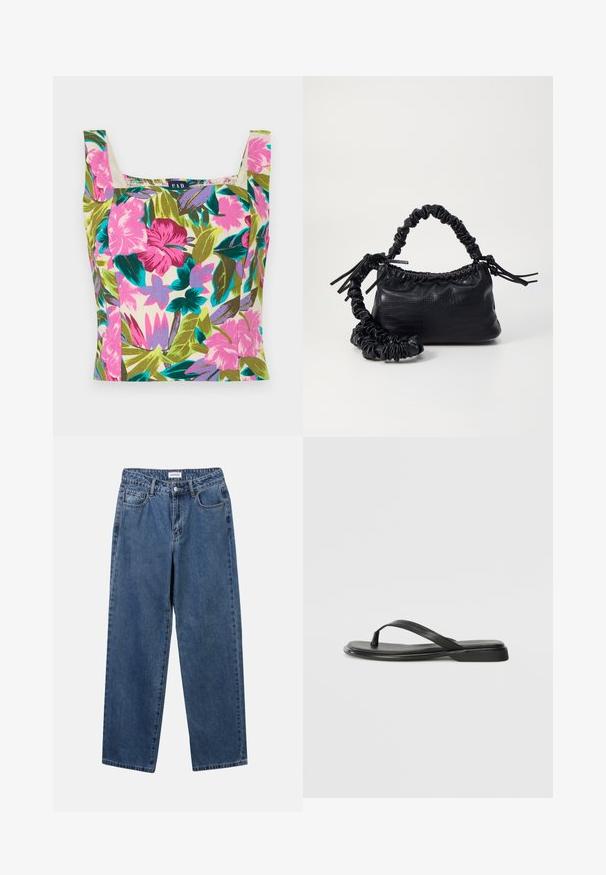 Floral Crop-Top aus mehrfarbigem Stoff mit pinken, lila und grünen Mustern. Quadrat Ausschnitt und breite Schulterträger.; Klassische blaue Denim-Jeans mit geradem Bein, fünf Taschen und Knopfverschluss. Sie verfügen über eine mittelblau gewaschene Optik und sind aus robuster Textur.; Schwarze Flip-Flops aus glattem Leder, mit einem dünnen Riemendesign und einer flachen Sohle mit minimalem Profil. Keine bemerkenswerten Muster oder Akzente.; Schwarze Handtasche aus Kunstleder mit Krokodilstruktur, gerafftem oberen Teil und einem geschoppten Tragegurt. Sie wirkt weich und kompakt im Design.