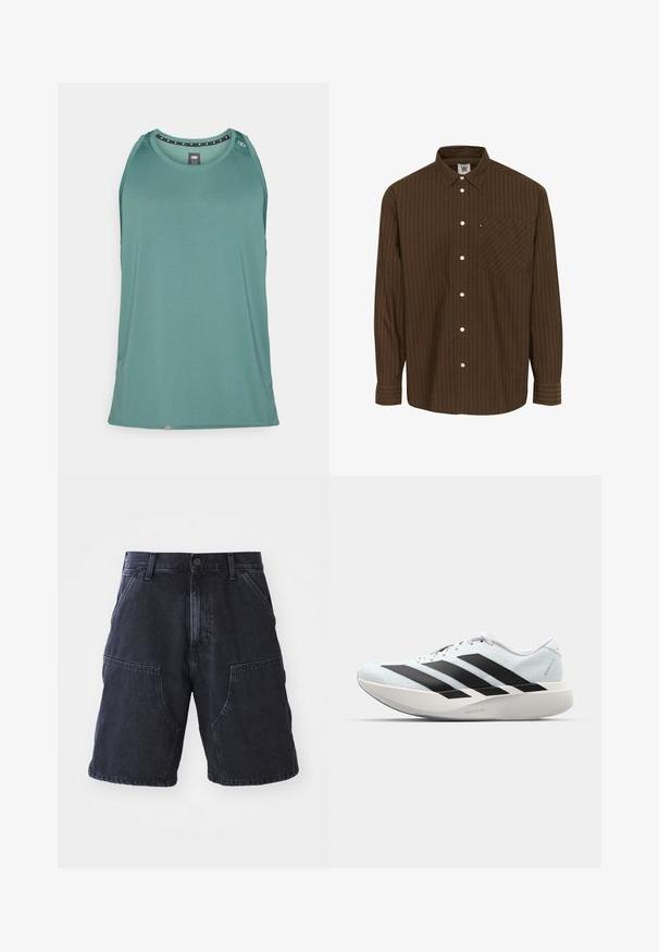 Čez prsi brezrokavnik teal barve, izdelan iz zračnega materiala, z okroglo izrezom in majhnim okrasnim dodatkom blizu rame.; Rjava prugasta srajca z gumbi, s ovratnikom, dolgimi rokavi in žepom na prsih; ima bele gumbke in teksturirano tkanino.; Temno modri kratke hlače iz denima z ravnim krojem, velikimi sprednjimi žepi in gumbnim zapiranjem; gladka tekstura in minimalni detajli šivanja.; Lahki tekaški čevlji v svetlo modri barvi z belimi črtami. Imajo gladek zgornji del, okroglo kapico in debel bel srednji podplat z označbo "LIGHTSTRIKE PRO."