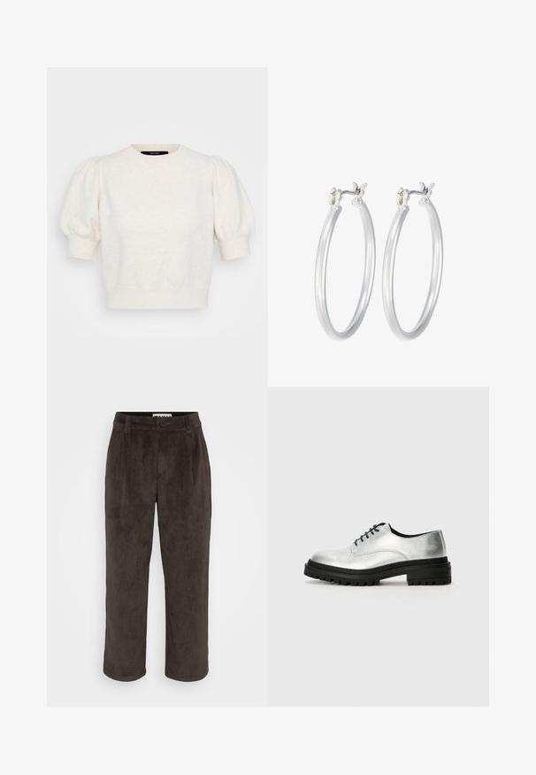 Suéter de manga corta en suave punto crema, con mangas abullonadas, escote redondeado y corte holgado. Tejido texturizado con un patrón sutil.; Pantalones de corduroy marrones con un diseño de pierna recta, textura sutil y cierre frontal con botón y bolsillos laterales.; Zapatos oxford de cuero plateado con punta redonda, suela de goma negra y cordones negros. Presentan un detalle de costura mínima a lo largo de los lados.; Pendientes de aro de plata con un acabado liso y pulido. Forma redonda y cierre de click seguro. Diseño ligero adecuado para el uso diario.