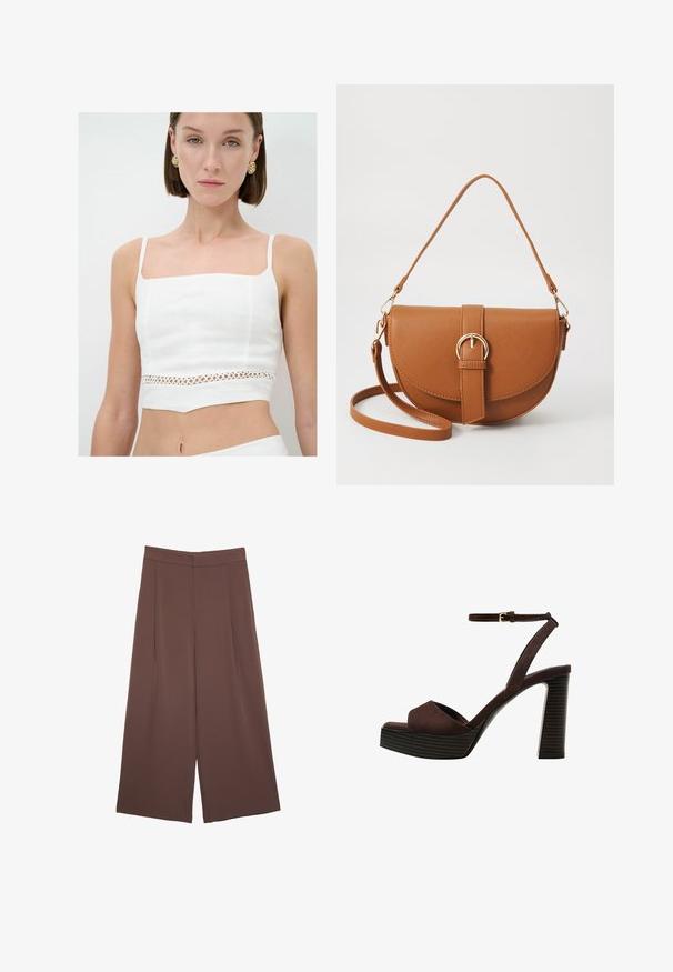 White crop top made of linen, featuring a square neckline, thin straps, and a decorative cut-out lace panel at the waist.; Brown wide-leg trousers with a smooth texture, featuring a high waist and front pleats. The fabric is lightweight and flows loosely.; Brown suede high-heeled sandal with an open toe, adjustable ankle strap, and a striped platform sole.; Brown leather crossbody bag with a curved shape, gold hardware, and a buckle accent. Features a detachable shoulder strap.