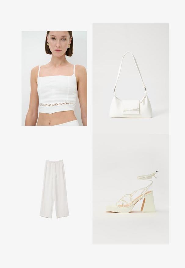 Hvid crop top lavet af linned, med firkantet udskæring, tynde stropper og en dekorativ udskåret blondepanel ved livet.; Hvide bukser med bred benlængde lavet af et letvægtsstof. Har et elastisk talje med snor og sidelommer. Glat tekstur.; Hvide højhælede sandaler med en kraftig hæl, der har et stropdesign og ankelbinding. Glat tekstur med en platform foran for ekstra højde.; Hvid syntetisk håndtaske med en trekantet form, flad forsideklap og sløjfedetalje, justerbar strop, glat tekstur og minimalistisk design.