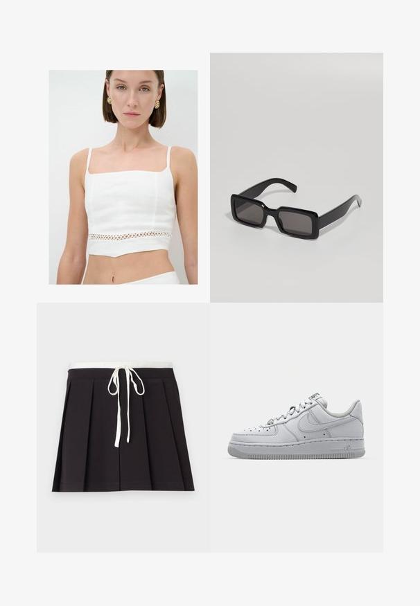 Bílý crop top vyrobený z lnu, s čtvercovým výstřihem, tenkými ramínky a dekorativní krajkovou vsadkou v pase.; Černá skládací sukně s bílým tkaným stahovacím pasem. Vyrobena z měkké látky, s hladkou texturou a jednoduchým, klasickým designem.; Bílé kožené tenisky s nízkým designem, kulatou špičkou, perforovanými detaily a texturovanou gumovou podrážkou. Obsahují šedé akcenty na jazyku.; Černé sluneční brýle s obdélníkovým rámem, silnou plastovou konstrukcí a tmavými skly, s hladkými povrchy a zaoblenými okraji.; COACH TABBY SHOULDER BAG 20 WITH PILLOW QUILTING - Taška s příčným popruhem - sage