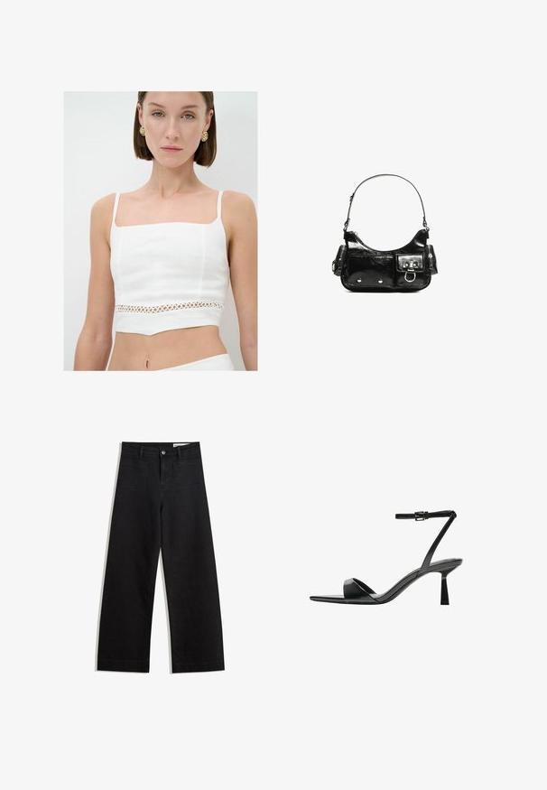 Biała crop top z lnu, z kwadratowym dekoltem, cienkimi ramiączkami i dekoracyjnym panelą koronkową na wysokości talii.; Czarne dżinsowe spodnie o szerokich nogawkach i wysokim stanie, z przednimi i tylnymi kieszeniami, przeszyciami oraz zapięciem na guziki. Gładka struktura.; Bershka - Sandały na obcasie; Czarna torebka z lakierowanej skóry o zaokrąglonym kształcie, z jednym paskiem na ramię, przednimi kieszeniami i akcentami w kolorze srebrnym.