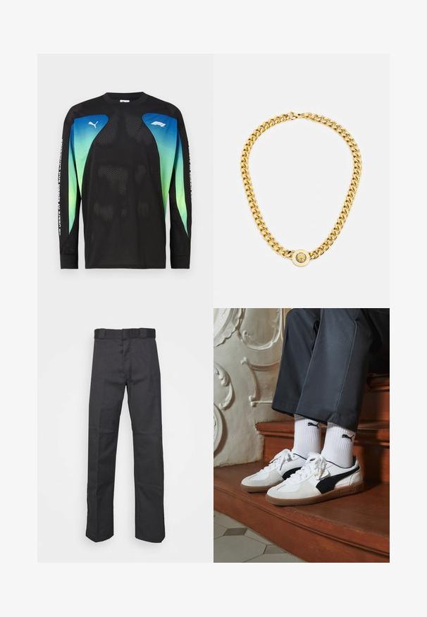 Dlhý rukáv, čierna sieťovina s modrými a zelenými gradientnými akcentmi. Obsahuje logo Puma na hrudi a text pozdĺž rukáva.; Čierne nohavice z odolnej tkaniny, s rovnými nohavicami, pásom s pútkami na opasok a švami pre zvýraznenie textúry.; Tenisky Puma v bielej a čiernej z semišu, s hnedou gumovou podrážkou. Kombinované s bielymi ponožkami s čiernym logom, nosené s tmavými nohavicami.; Zlatý náhrdelník s veľkými prepojenými článkami, ktorý má v strede okrúhly prívesok s vyvýšeným emblémom.