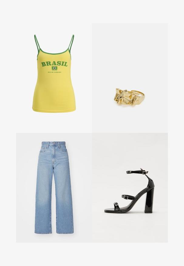 Dzeltena topa krekls ar zaļiem apmalēm, kurā ir teksts "BRASIL" un Brazīlijas karoga grafika. Izgatavots no gludas auduma, ar plānām spaghetti siksnām.; Gaiši zili augstās jostas vidukļa platās bikses ar priekšējo pogu un rāvējslēdzēju, priekšējām un aizmugurējām kabatām uz baltā fona.; Melnas lakotas augstpapēžu čības ar kvadrāta purngalu, potīšu siksniņām un sudraba sprādzēm. Aprīkotas ar masīvu bloku papēdi stabilitātei.; Zelta gredzens ar teksturētu, viļņotu dizainu, kas rotāts ar trim izteiktām virsotnēm. Gluda, spīdīga virsma ar atvērtu joslu, lai to varētu pielāgot.