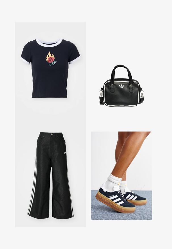 Czarny t-shirt z krótkim rękawem z białym okrągłym dekoltem. Posiada ognisty wzór róży z czerwonymi i pomarańczowymi płomieniami oraz tekst "Santa Cruz" poniżej.; Czarne dżinsy o szerokich nogawkach z trzema białymi paskami po bokach i małym białym logo. Posiadają przednie kieszenie i zapięcie na guzik.; Czarne zamszowe trampki z białymi paskami i akcentami, zaokrąglonym noskiem, gumową podeszwą w kolorze jasno-brązowym, zestawione z białymi żebrowanymi skarpetkami do kostki.; Czarna skórzana torebka z dwoma krótkimi uchwytami, srebrnymi akcentami, białymi detalami i białym logo. Posiada teksturowaną powierzchnię oraz kompaktowy design.