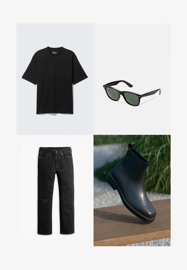 Black cotton t-shirt with short sleeves, crew neck, and a relaxed fit. The fabric has a smooth texture with no visible patterns or accents.; Black straight-leg denim jeans with five pockets, belt loops, and a button closure at the waist, laid flat on a white background.; Black leather ankle boot with a smooth surface, elastic sides, and a looped pull tab, resting on a wooden surface against a blurred background.; Black plastic sunglasses with green lenses, square frames, silver accent on the brow, and textured temple arms. Stated brand on inner arm.