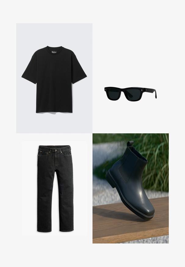 Zwarte katoenen T-shirt met korte mouwen, ronde hals en een losse pasvorm. De stof heeft een gladde structuur zonder zichtbare patronen of accenten.; Zwarte rechte spijkerbroek met vijf zakken, riemlussen en een knoopsluiting in de taille, plat gelegd op een witte achtergrond.; Zwarte leren enkellaars met een gladde uitstraling, elastische zijkanten en een lusje als aantrekhaak, rustend op een houten oppervlak tegen een vervaagde achtergrond.; Zwarte zonnebril met vierkante monturen, donkere lenzen en glad plastic materiaal. Heeft kleine, ronde accenten aan de voorkant en slanke armen.; Fossil CARRAWAY - Horloge - schwarz