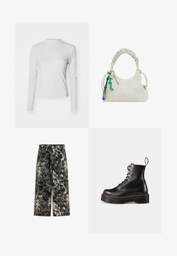 Hosszú ujjú, világosszürke bordázott felső magas nyakkal. Testhez simuló fazon és puha textúra jellemzi. Nincs látható minta vagy fémalkatrész.; Közepes szárú, bő szárú nadrág textúrált fekete-fehér virágmintával szürke háttérrel, klasszikus derékrésszel és elülső zsebekkel.; Fekete bőrből készült, fűzős bokacsizma masszív fekete talppal és sárga varrással. Hátsó húzófüllel és kör alakú fémszemekkel rendelkezik.; Krém színű műbőr kézitáska, ráncolt fogantyúval, cipzáras zsebbel és zöld charm-mal. Simás textúra, visszafogott dombornyomott logó és elegáns kialakítás.