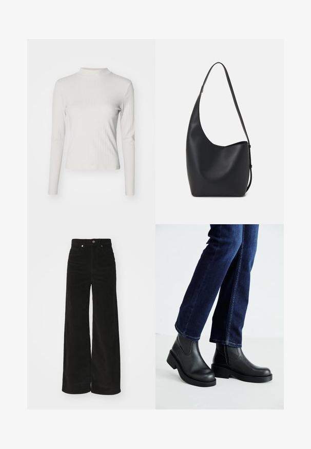 Dolga majica z dolgimi rokavi v svetlo sivi barvi z rebrasto teksturo in visokim ovratnikom. Ima oprijet kroj in mehak občutek. Ni vidnih vzorcev ali dodatkov.; Črne široke žametne hlače z visokim pasom, ki imajo dva sprednja žepa in kovinski gumb za zapiranje. Teksturovana tkanina z navpičnimi rebrinami.; Črne usnjene gležnjarje z debelim podplatom in stranskimi elastičnimi paneli, v kombinaciji s temno modrimi kavbojkami. Tla so svetle barve.; Črna usnjena hobo torba z gladko teksturo, ukrivljeno obliko in eno nastavljivo naramnico; ima širok odprtina na vrhu.