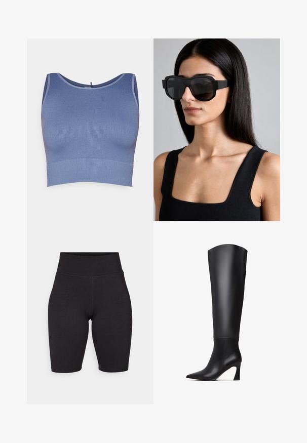 Sininen raidoitettu lyhyt toppi, jossa on pyöreä pääntie ja tiukka muotoilu. Materiaali on sileäpintainen, ja reunoilla on kontrastiväriset saumat.; Mustat pyöräilyshortsit joustavasta kankaasta. Korkea vyötärö, sileä pinta, polvenpituus ja saumat edessä ja takana rakenteen tueksi.; Mustat polven korkeudelle ulottuvat nahkasaappaat, joissa on terävä kärki, suora varsi ja kapeneva korkea korko. Sujuva pinta, jossa on minimaalinen yksityiskohtaisuus.; Yliopistokokoiset mustat aurinkolasit, paksulla kehykellä, kulmikkaalla muotoilulla ja tummilla liukuvälikunilla; käytetään mustan hihattoman paidan kanssa.