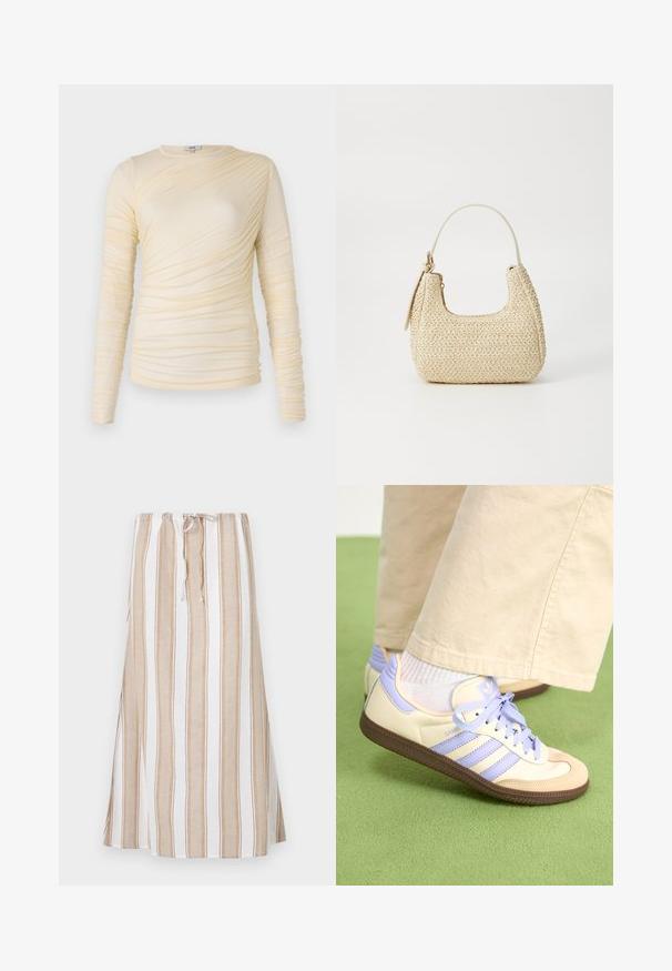 Kreminė ilgomis rankovėmis palaidinė, puošta raukšlėta tekstūra ir lengvai priglundančia siluetu. Minkšta medžiaga, apvaliu iškirpimu ir lygiais siūlėmis.; Dryžuota sijonas balta ir šviesiai ruda, su raukšlėja juosmeniu ir ilga, laisvai krentanti forma. Pagaminta iš lengvos medžiagos, su laisvu iškirpimu.; Kreminės ir levandų spalvos sportbačiai su trims juostelėmis ir tekstūruota ruda padais, su raišteliais ir paminkštintu kulnu. Minkšta medžiaginė viršutinė dalis.; Aukšta pintinė rankinė iš šiaudų, šviesiai rudos spalvos, su išlenkta forma, trumpa rankena ir šoniniu užtrauktuku. Pasižymi tekstūruota paviršiumi ir minimalistiniu dizainu.