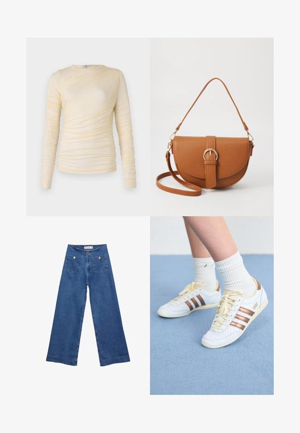 Kremasti dugi rukavičasti top, s nabranom teksturom i malo prilagođenim siluetom. Mekani materijal s okruglim izrezom i glatkim šavovima.; Denim široke hlače s medijskom plavom pranju, dva prednja džepa s dugmadi, i šivana dekoracija duž rubova.; Bijele tenisice s brončanim prugama, teksturirana koža, žute vezice i perforirani detalji. Nosene s bijelim rebrastim čarapama na mekanom plavom površinu.; Smeđa kožna torba preko tijela s zakrivljenim oblikom, zlatnim metalnim detaljima i naglaskom na kopču. Ima odvojivu naramenicu.