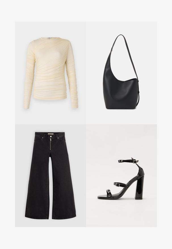 Top crem cu mâneci lungi, cu textură plisată și o siluetă ușor ajustată. Material moale, cu decolteu rotund și cusături netede.; Jeans cu picioare largi din denim negru, cu fermoar în față, design cu cinci buzunare și detalii subtile de cusătură. Textură netedă și stil casual.; Sandale cu toc din patent negru, cu vârf pătrat, curele la gleznă și catarame din argint. Dispune de un toc gros pentru stabilitate.; Geantă hobo din piele neagră, cu o textură netedă, formă curbată și un singur bretele ajustabil; are o deschidere largă în partea de sus.
