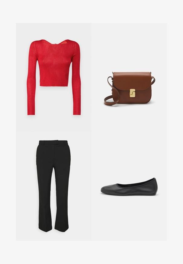 Punane ribatud pikakätised crop top laia kraega ja tõmblukuga seljaosas. Sile tekstuur ja liibuv siluett.; Mustad mustad püksid sirge säärega, millel on vööloop ja küljetaskud. Valmistatud siledast kangast, millel on puhas viimistlus.; Musthave mustika tantsutossud mustast nahast, ümmarguse varbaga, siledast tekstuurist, minimaalse õmblusdetailiga ja paindliku tallakujundusega.; Pruunist nahast käekott, millel on klapiga sulgur, kuldne riistvara, õlarihm ja sile tekstuur. Kompaktne ristkülikukujuline vorm.
