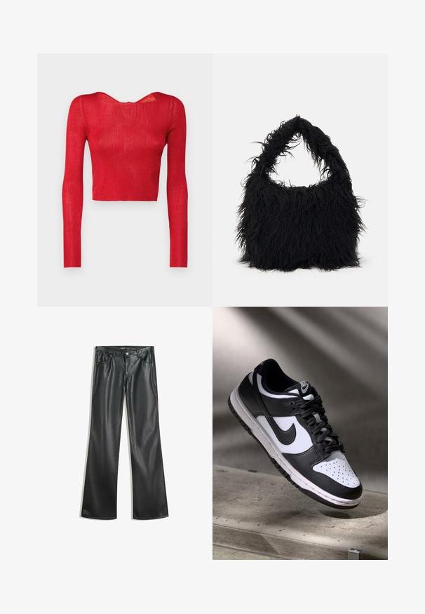 Rød ribbet langærmet crop top med en bred halsudskæring og en lynlås bagpå. Glat tekstur og tætsiddende silhuet.; Sorte faux læder flare bukser med en glat tekstur, fem-lomme design, lynlås foran og kontrasterende syninger.; Sorthvid Nike Dunk Low sneakers med læderoverdel, perforeret tåboks og sorte snørebånd, udstyret med en hvid sål og logo accenter.; Even&Odd Shopping bags - black