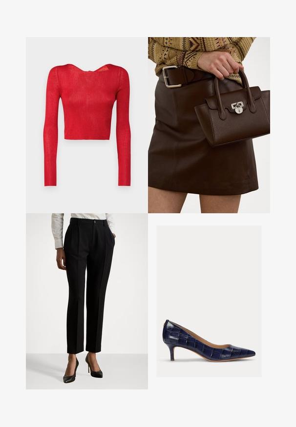 Rood geribbelde langekorte top met lange mouwen, een brede halslijn en een ritssluiting aan de achterkant. Gladde textuur en aansluitende silhoeette.; Zwarte op maat gemaakte broeken met een hoge taille, voorzien van plooien, een knoopsluiting en zijzakken. Gemaakt van gladde stof.; Navyblauwe, glanzende leren hoge hak met een spitse neus en een kleine, slanke hak. Beschikt over een gewatteerde textuur en geen zichtbare hardware-accenten.; Een bruine leren handtas met een gestructureerde afwerking en zilverkleurige hardware, vastgehouden met een hand naast een bruine leren rok en een gebreid patroontrui.