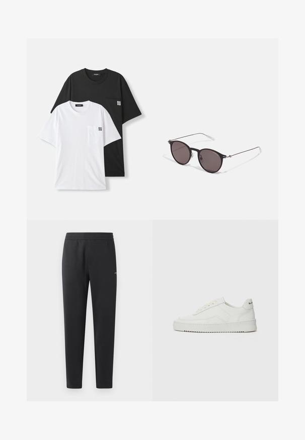 Zwei T-Shirts sind ausgestellt: eines in Schwarz und eines in Weiß, beide mit kurzen Ärmeln und einer kleinen Brusttasche. Logos sind auf der Tasche angebracht.; Schwarze Jogginghosen aus weichem Stoff, mit einem elastischen Bund, geraden Beinen und einem kleinen Logodetail an der Seite.; Weiße Ledersneaker mit glatter Oberfläche, runder Zehenpartie, flachen Schnürsenkeln und strukturiertem Sohlenprofil. Mit einem dezenten Logo an der Ferse.; Schwarze runde Sonnenbrille mit dunklen Gläsern und schlanken Metallbügeln. Enthält klare Tempelspitzen und silberne Akzente am Scharnier. Minimalistisches Design.