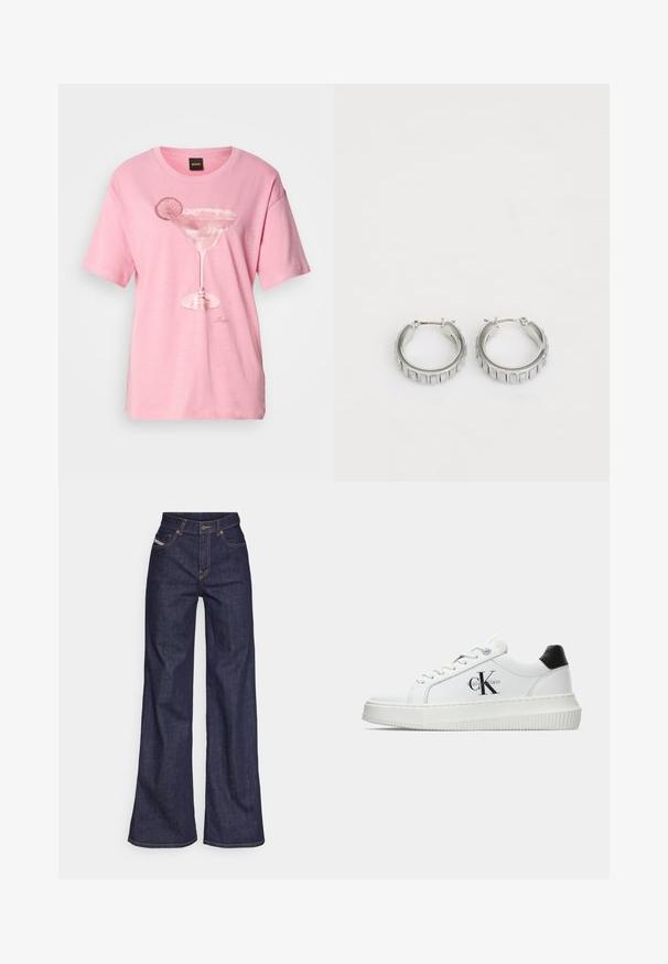 Roza bombažna majica z kratkimi rokavi, ki ima natisnjen dizajn margarita kozarca z rezino limete. Ima okroglo izreza.; Temno modri široki kavbojke iz denima z visokim pasom, ki imajo oranžne šive, pet žepov in gumba za zapiranje.; Bele nizke superge z črnim hrbtnim delom, platformo, vezalkami in Calvin Klein "CK" logotipom na strani.; Srebrni obroči s teksturiranim dizajnom, ki vsebuje navpične rebraste vzorce. Krožna oblika z varnim zapiranjem na zaponko. Gladek zaključek.