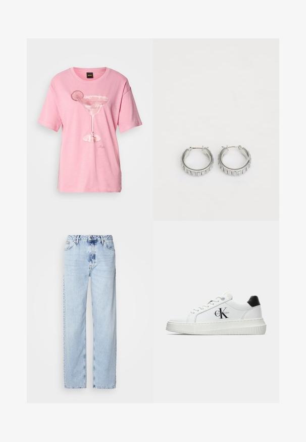 Rozā kokvilnas T-krekls ar drukātu margaritas glāzi un laima šķēlīti. Īsas piedurknes un apaļa kakla izgriezums.; Gaiši zilas platās kājas džinsi, izgatavoti no denima, ar augstu jostas vietu, izbalinātu krāsu un smalku krāsošanas rakstu priekšpusē.; Baltā zema topa sporta apavas ar melnu papēža cilni, platformas zoli, auklēm un Calvin Klein "CK" logo sānos.; Sudraba gredzena auskari ar faktūras dizainu, kas ietver vertikālas rievas. Apaļa forma ar drošu aizdari. Gluda apdare.
