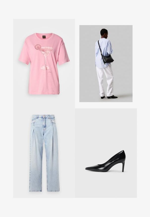 Růžové bavlněné tričko s potiskem sklenice margarity a plátkem limetky. Krátké rukávy a kulatý výstřih.; Světlé modré džíny z denimu s vysokým pasem, širokým střihem, dvěma bočními kapsami a nařaseným designem. Měkká textura s vybledlým povrchem.; Černé kožené boty na vysokém podpatku s špičatou špičkou, hladkým povrchem a zúženým podpatkem. Minimalistický design, bez dalších ozdob.; Černá kožená kabelka přes rameno s jemnou texturou, trojúhelníkovým tvarem a nastavitelným popruhem, v kombinaci se světle modrou pruhovanou košilí a bílými kalhotami.