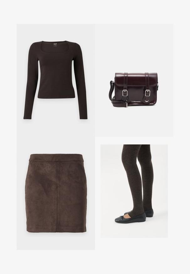 Juoda ilgomis rankovėmis, prigludusi bluzonėlė su kvadratine iškirpte, žymėta GAP, rodoma baltame fone.; Rudas zomšo mini sijonas su lygiu paviršiumi, siaurėjantis dizainas ir plokščia liemenėlė, turi vertikalias siūles struktūrai užtikrinti.; Juodos plokščios bateliai su maža kaspinėlio detale prie pirštų, derinami su tamsiai rudos spalvos raukšlėtomis pėdkelnėmis. Bateliai turi lygų paviršių ir žemą profilį.; Bordo lakinės odos krepšys per petį, stačiakampio formos, su dviem diržais, sidabrinėmis detalėmis ir užtraukiama kiautu.