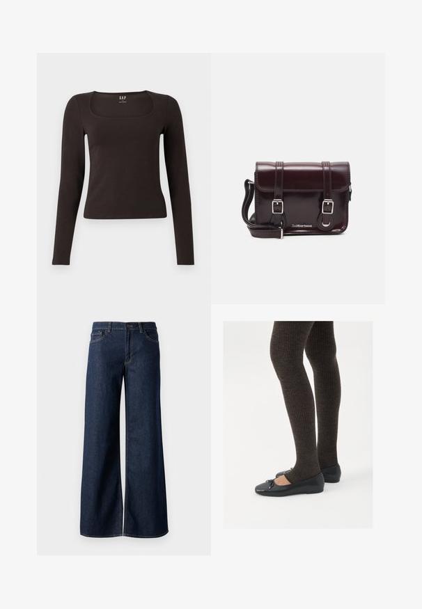 Schwarzes, langärmliges, figurbetontes Oberteil mit quadratischem Ausschnitt, gekennzeichnet mit GAP, vor einem weißen Hintergrund präsentiert.; Weite Jeans in dunkelblauem Denim. Merkmale sind kontrastierende Nähte, fünf Taschen und ein Knopfverschluss an der Taille. Glatte Textur.; Schwarze flache Schuhe mit einem kleinen Schleifendetail an der Zehe, kombiniert mit dunkelbraunen gerippten Strumpfhosen. Die Schuhe haben eine glatte Textur und ein niedriges Profil.; Burgunderfarbene Patelleder-Crossbody-Tasche mit rechteckiger Form, zwei Riemen, silberfarbener Hardware und einem Klappenverschluss.