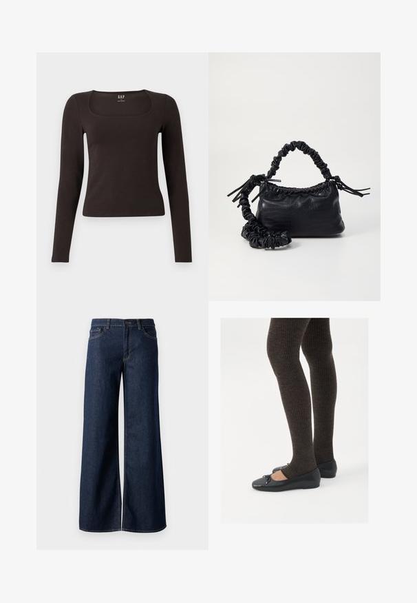 Svart langermet, tett topp med firkantet hals, merket GAP, vist på en hvit bakgrunn.; Vide benbukser i mørkeblå denim. Har kontrastsøm, fem lommer og en knaplukning i taljen. Glat tekstur.; Sorte flate sko med en liten sløyfedetalj på tåen, kombinert med mørkebrune ribbede strømpebukser. Skoene har en glatt overflate og lav profil.; Svart faux skinn-håndveske med krokodilletekstur, strammet topp og en rynket stropp. Ser myk og kompakt ut i designen.