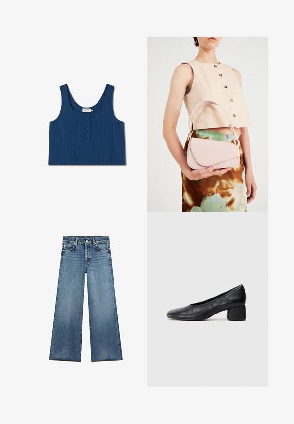 Blauwe geribbelde crop top met brede bandjes, ronde halslijn en twee knoopdetails aan de voorkant. Gemaakt van lichtgewicht stof.; Lichtblauwe wijde jeans van denim met een hoge taille, voorzien van vijf zakken, contrasterende stiksels en een rafelige zoom aan de onderkant.; Zwarte leren pump met een ronde neus en een middenblokhak. Glad textuur met minimale details, voorzien van een subtiele elastische opening.; Roze leren handtas met een gebogen klep, één schouderband en strakke lijnen. De tas vertoont een gladde textuur en een minimalistisch ontwerp.