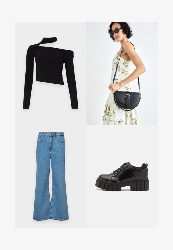 Gina Tricot CUT OUT - Tops ar garām piedurknēm - black; Gaiši zili, platā piegriezuma džinsi, kas izgatavoti no denima, ar augstu jostasvietu, piecām kabatām un vienu pogu. Mīksta tekstūra ar nolietotu apdari.; Melnas ādas platformas kurpes ar masīvu bloku papēdi, apaļu purngalu un tradicionālu saistīšanas dizainu. Izceļas ar gludu tekstūru un minimālu apdari.; Melnas ādas rokassoma ar izliekta formu, noņemamu siksnu un zelta aksesuāriem. Somai ir vāciņš ar sprādzes detaļu.