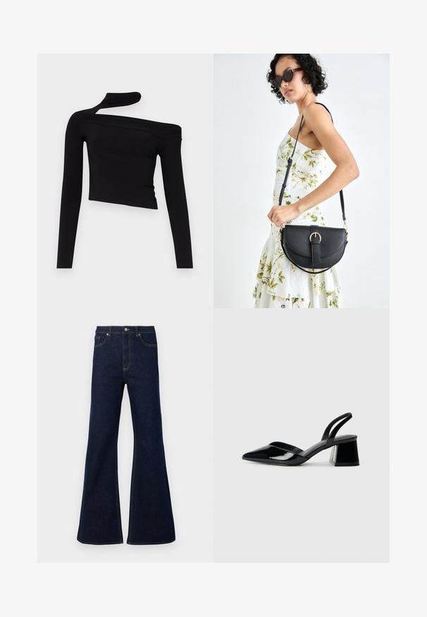 Gina Tricot CUT OUT - Hosszú ujjú felső - black; Sötétkék, bővülő farmernadrág magas derékkal, elülső zsebekkel és arany szálú varrással. Simább textúra, klasszikus szabás.; Fekete lakk bőr szandálkés magas sarkú cipő, hegyes orral és geometrikus tömbsarkakkal. Karcsú, minimalista dizájn és sima textúra jellemzi.; Fekete bőrtáska ívelt formával, levehető pánttal és arany színű fémrészekkel. A táskán egy csattal díszített fedél található.