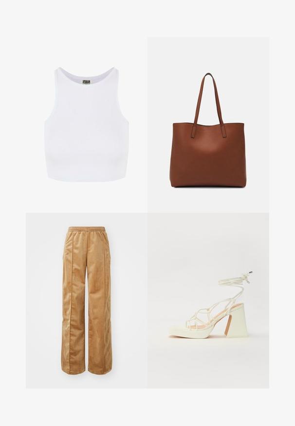 Baltos raukšlės trumpa tankų viršus su plačiomis petnešėlėmis ir apvaliu iškirpimu. Pasižymi minkšta tekstūra ir minimalistiniu dizainu be raštų.; Kreminės pločio kojų kelnės, pagamintos iš švelnaus, veliūrinio audinio. Yra elastinga juosmens juosta ir vertikalios siūlės priekyje, suteikiančios papildomo akcento.; Balti aukštakulniai sandalai su masyviu kulnu, su dirželių dizainu ir kulkšnies raiščiu. Lygi tekstūra su platforma priekyje, suteikianti papildomą aukštį.; Ruda odinė priekabų krepšys su glotnia tekstūra, atviru viršumi ir dviem petnešomis. Su minimalia siuvimo detalėmis ir nematoma aparatūra.