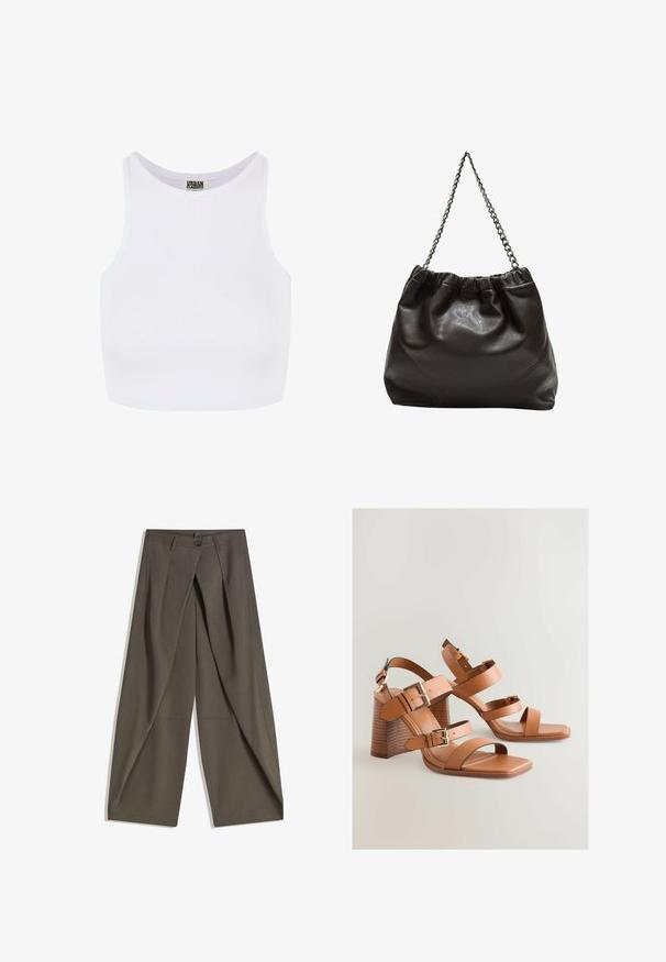 Vit ribbad croptopp med breda axelband och rund halsringning. Har en mjuk textur och en minimalistisk design utan mönster.; Breda byxor i en strukturerad, mörkgrå tyg. Har en framfålla, knäppning med knapp och sidofickor för praktisk användning.; Bruna läderhögklackade sandaler med flera remmar, guldfärgade detaljer och en vinklad blockklack. Slät yta, öppen tå-design.; Brun läderväska med rynkad topp och kedjesnodd. Slät textur med en blankslipad yta och subtila sömdetaljer på sidorna.