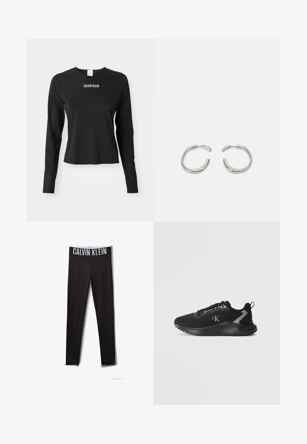 Schwarzes langärmliges Mesh-Oberteil mit Rundhalsausschnitt, mit dem weißen "CALVIN KLEIN"-Logo, das auf der Brust zentriert ist.; Schwarze Leggings mit einem weißen "CALVIN KLEIN"-Logo am Bund. Glattes Material, figurbetontes Design, mit Mesh-Akzenten an den Knöcheln.; Schwarzer, niedrig geschnittener Sportschuh mit atmungsaktivem Mesh, Schnürdesign, strukturiertem Profil und "cK"-Logo an der Seite.; Silberne Creolen mit einem glatten, abgerundeten Design und einem eleganten, polierten Finish. Sie zeichnen sich durch eine minimalistische Form mit einer leichten Öffnung aus.