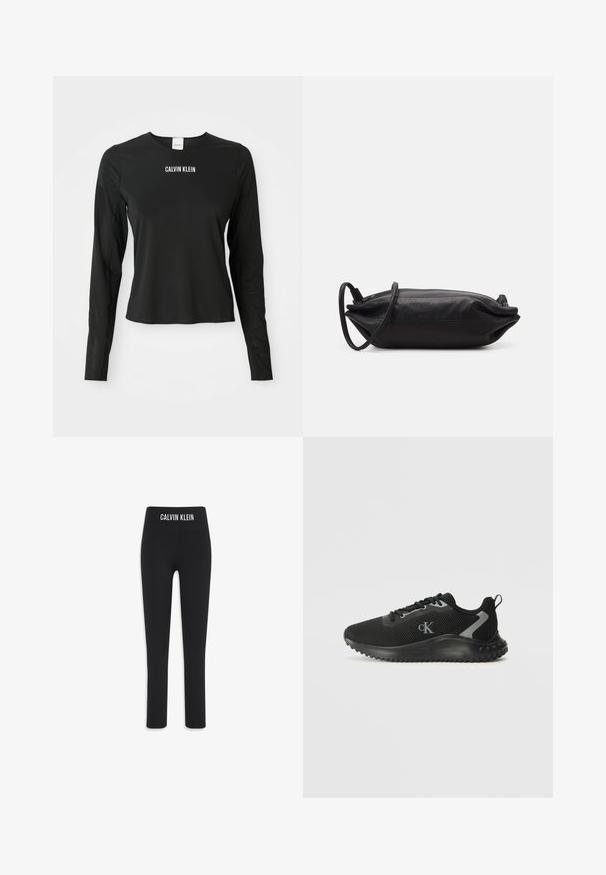 Sort langærmet mesh top med rund hals, med hvid "CALVIN KLEIN" logo centreret på brystet.; Sorte leggings lavet af strækbart materiale, med en bred elastik i taljen med "CALVIN KLEIN" logo, slim fit og ankellang design.; Sort lavtop sportsko med åndbart mesh, snørebåndsdesign, tekstureret sål og "cK" logo på siden.; Sort læder clutch taske med rektangulær form, glat tekstur, tynd skulderrem og minimalistisk design.
