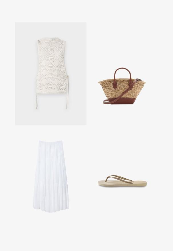 Stickad ärmlös topp i off-white med ett diamantmönster, texturerad yta och sidband. Rund halsringning och ribbad nederkant.; Vit, lager-på-lager maxikjol gjord av lättviktsmaterial. Har en elastisk midja och en svängig design med mjuk, subtil textur.; Ljusbeige flip-flop med texturerad fotbädd, platt sula och tunna, skinande remmar. Har subtil varumärkeslogotyp på remmen.; Vävd halmstruktur med bruna läderdetaljer, två handtag och en avtagbar rem. Böjd form med en stabil botten.