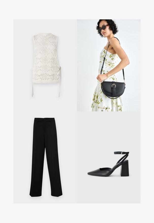 Pletený bezrukávový top v krémovej farbe s diamantovým vzorom, štruktúrovaným povrchom a bočnými viazaniami. Okrúhly výstrih a ribbované detaily na spodnej časti.; Čierne široké nohavice vyrobené z hladkej látky, s klasickým pásom a zapínaním na gombík, a prednými skladmi.; Čierne kožené lodičky s špicatou špičkou a členkovým remienkom, s masívnym podpätkom. Hladký povrch, elegantný dizajn a minimalistická estetika.; Čierna kožená kabelka s zaobleným tvarom, odnímateľným popruhom a zlatými doplnkami. Kabelka má klopu s detailom s prackou.