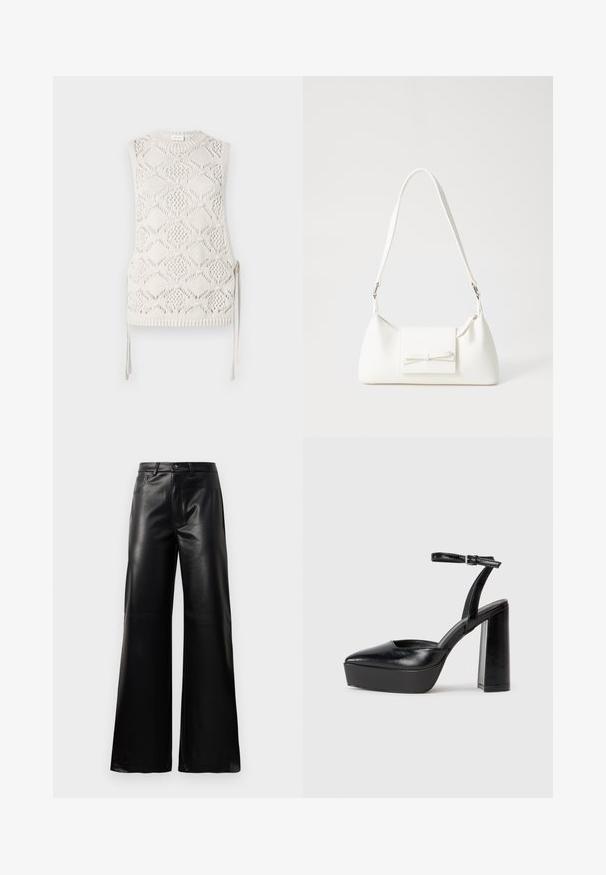 Ujjatlan, off-white színű kötött felső, gyémántmintával, texturált felülettel és oldalsó megkötőkkel. Kerek nyakkivágás és bordázott szegély részlet.; Fekete, magas derekú, széles lábú, műbőr nadrág elülső gombbal, cipzárral, övbújtatókkal és oldalsó zsebekkel, fehér háttérrel.; Fekete platform magassarkú cipők hegyes orral és állítható bokapánttal. Sima bőrből készült, vastag talppal.; Fehér szintetikus kézitáska, háromszög alakú, lapos előlap, masni részlettel, állítható pánttal, sima textúrával és minimalista dizájnnal.