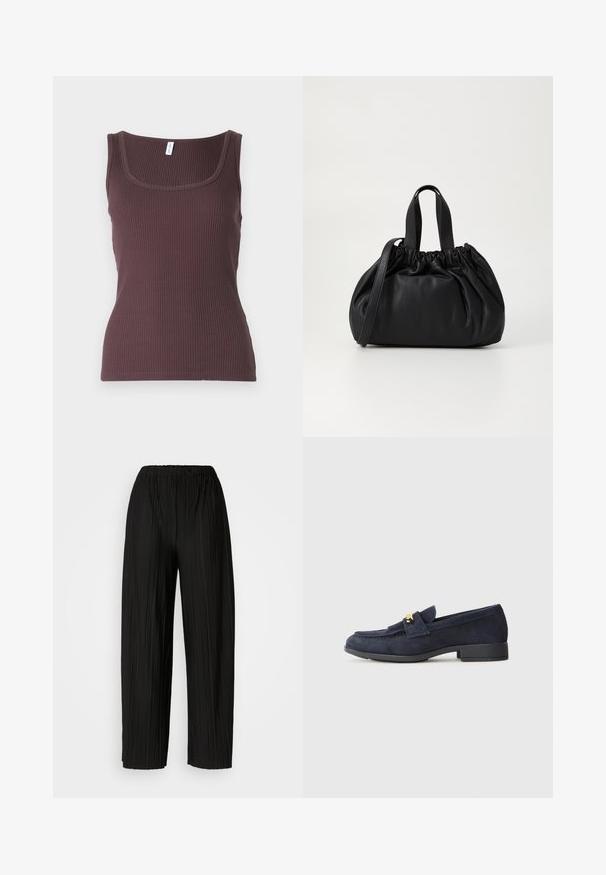 Tmavo hnedý rebrovaný top bez rukávov s okrúhlym výstrihom a širokými ramienkami, vyrobený z mäkkej, elastickej látky, s priliehavým strihom.; Čierne plisované nohavice s širokými nohavicami a elastickým pásom. Tkanina má vertikálne plisovanie a hladkú textúru.; Námornícké semišové mokasíny s nízkým černým podpatkem, s dekoračným zlatým kovovým detailom na prednej strane a okrúhlou špičkou.; Čierna kožená kabelka so zberaným vrchom, s dvoma krátkymi držadlami a dlhým nastaviteľným popruhom. Hladká textura, zaoblený tvar.