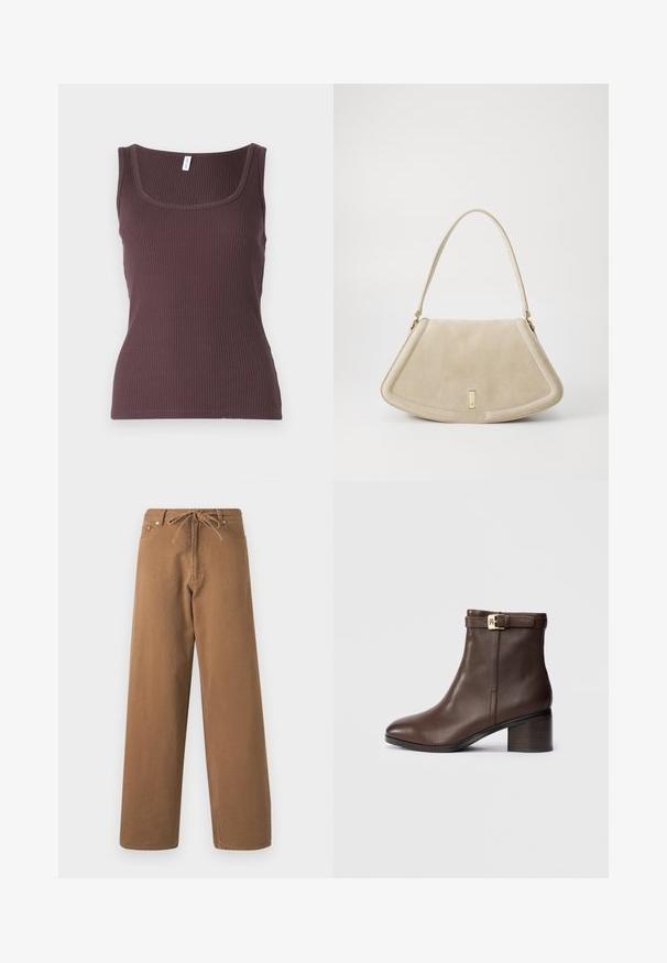 Dark brown ribbed tank top with a rounded neckline and wide straps, made of soft, stretchy fabric, featuring a fitted silhouette.; Brown wide-leg pants made from cotton, featuring a drawstring waist and two front pockets. Textured fabric with a smooth finish.; Brown leather ankle boot with a rounded toe, low block heel, and a decorative buckle strap at the ankle. Smooth texture and sleek design.; Beige suede handbag with a rounded triangular shape, a single strap, and a gold-tone hardware accent on the front.