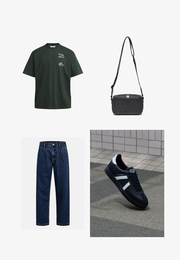 Camiseta de algodón verde oscuro con mangas cortas, cuello redondo y texto impreso en blanco, con un corte relajado y sin adornos visibles.; Jeans de mezclilla azul oscuro con un diseño de pierna recta. Presentan costura visible, cierre de botón y pliegues frontales para un detalle adicional.; Zapatilla de cuero negra con rayas blancas, suela de goma texturizada y parte frontal con cordones. Cuenta con una etiqueta de marca en la lengüeta.; Bolso cruzado de piel negra con cierre de cremallera, logotipo embossing en el frente y correa ajustable. Textura suave con forma rectangular.