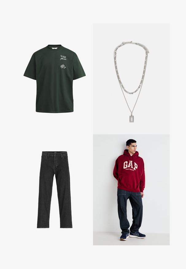 Tummanvihreä puuvillainen T-paita, jossa on lyhyet hihat, pyöreä kaula-aukko ja valkoista painettu teksti. T-shirt on rento malli ilman näkyviä koristeita.; Mustat denimit, joissa on suora lahkeidesign, varustettu vetoketjulla, vyölenkeillä ja kuudella taskulla, valmistettu tukevasta puuvillasekoitekangasta.; Bordeaux-huppari, jossa on kermanväriset painatukset "GAP" ja "TIMES SQUARE", yhdistettynä tummansinisiin raidoitettuihin housuihin ja tummansinisiin tennareihin, joissa on valkoisia yksityiskohtia.; Hopeaketju, joka koostuu kahdesta kerroksesta; siinä on suorakulmainen riipus, jossa on sileä pinta ja kiiltävä metallipinta.